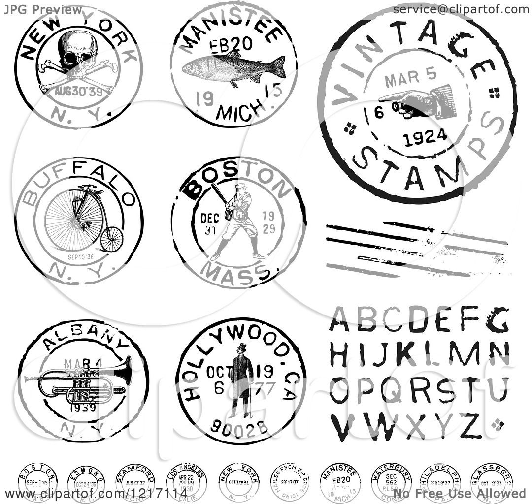 Clipart of Vintage Black and White Postmark Stamps and Letters