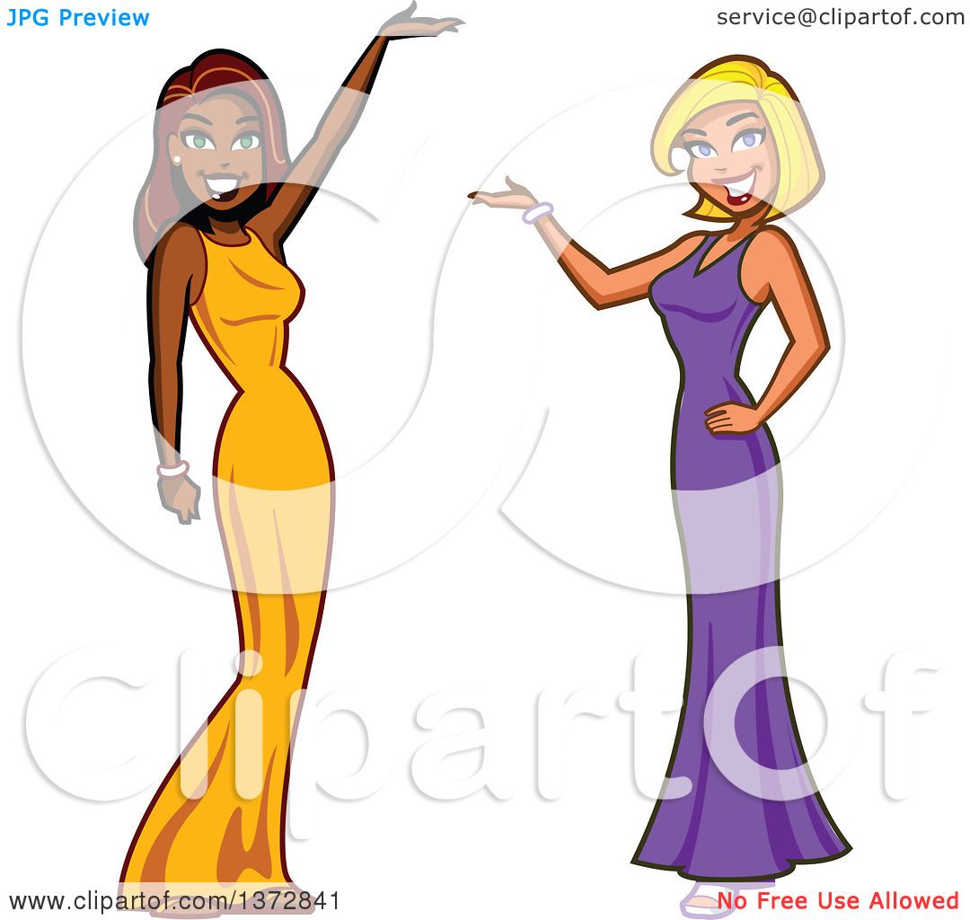 Clipart Of White And Black Female TV Show Hostesses Presenting