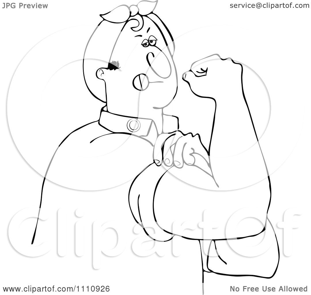 Clipart Outlined Chubby Rosie The Riveter Man Flexing His Muscles