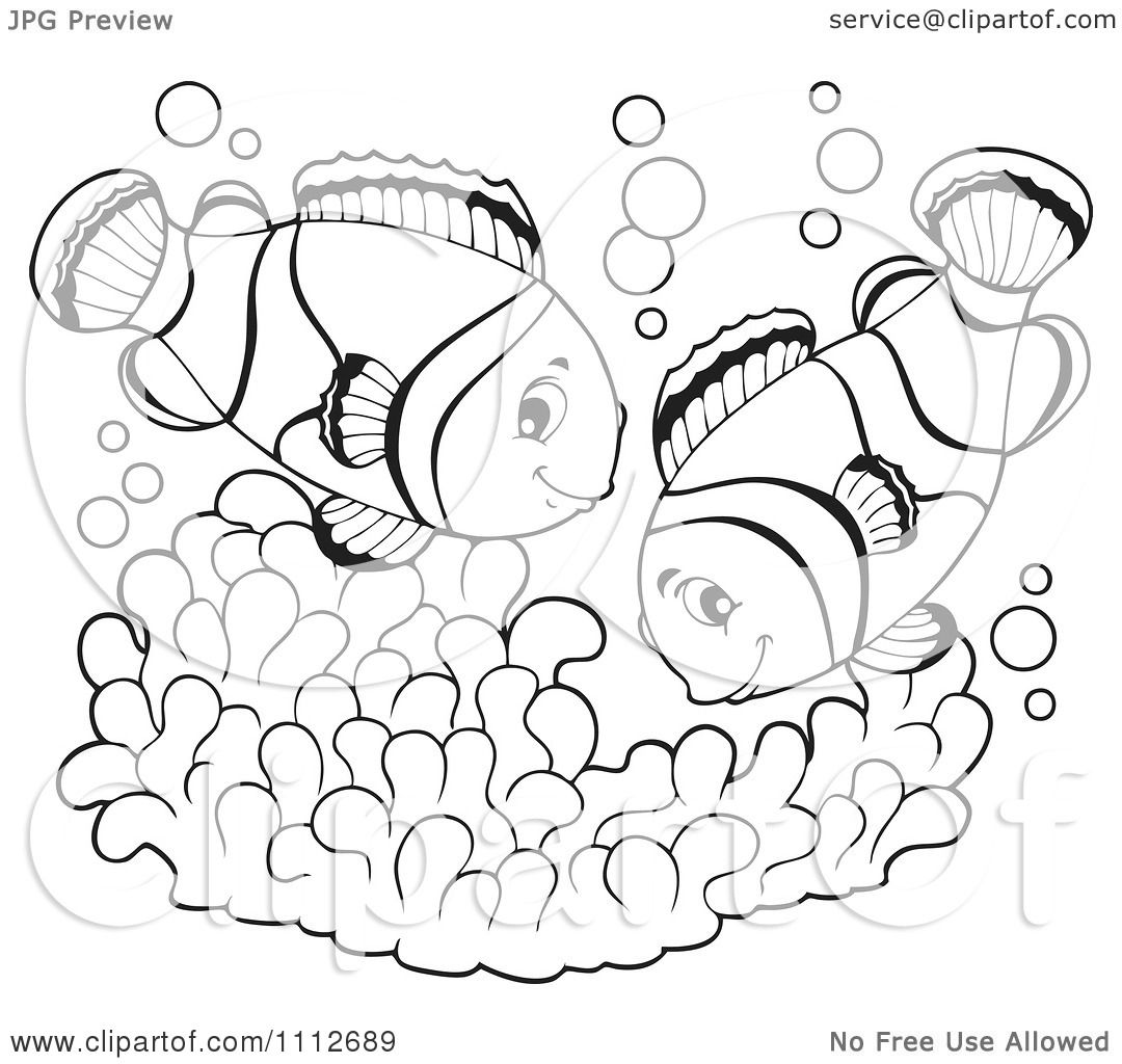Clipart Outlined Clownfish Pair Over Soft Corals - Royalty Free Vector