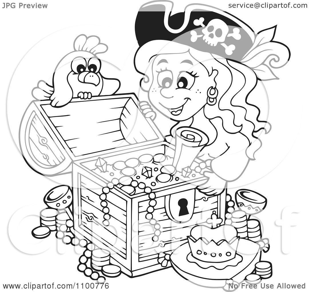 Clipart Outlined Female Pirate And Bird Admiring A Full Treasure Chest Royalty Free Vector