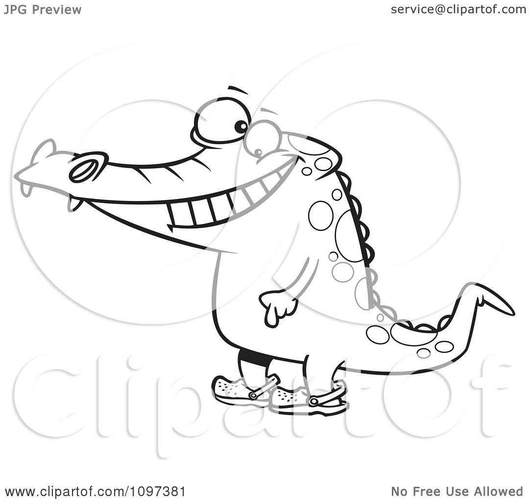 Clipart Outlined Happy Crocodile Standing Upright And Wearing Crocs On His  Feet - Royalty Free Vector Illustration by toonaday #1097381