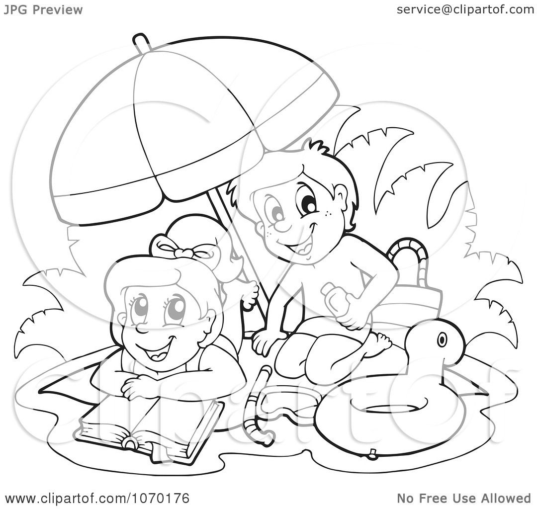 Clipart Outlined Kids Reading And Playing On A Beach ...
