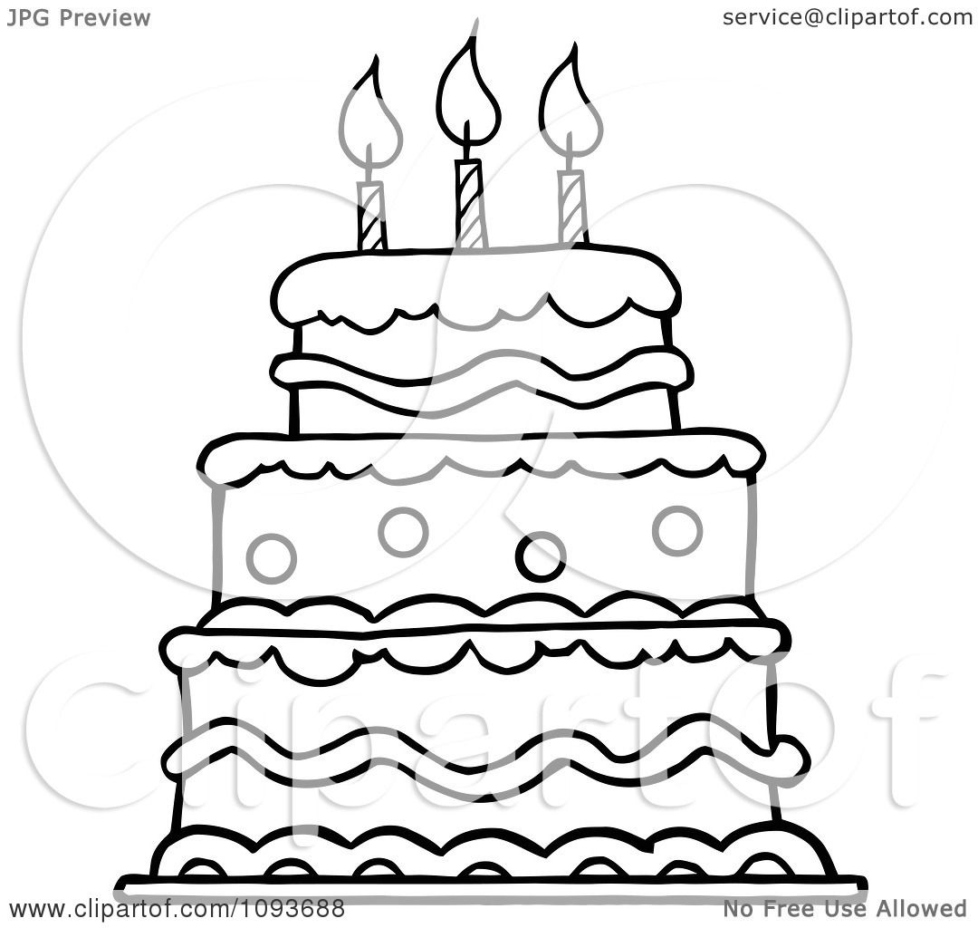 Clipart Outlined Layered Birthday Cake With Three Candles Royalty Free Vector Illustration By Hit Toon