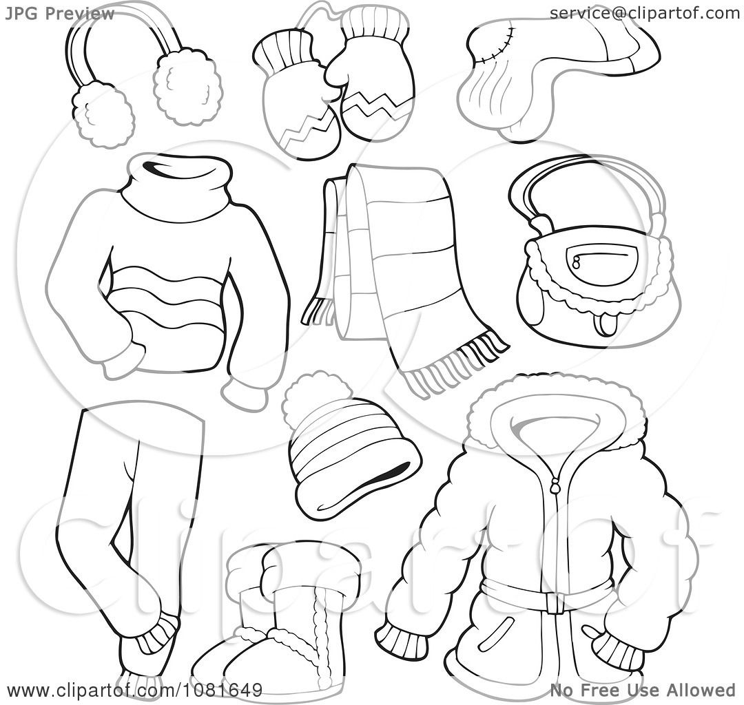 Clipart Outlined Winter Clothing And Accessories - Royalty Free Vector ...