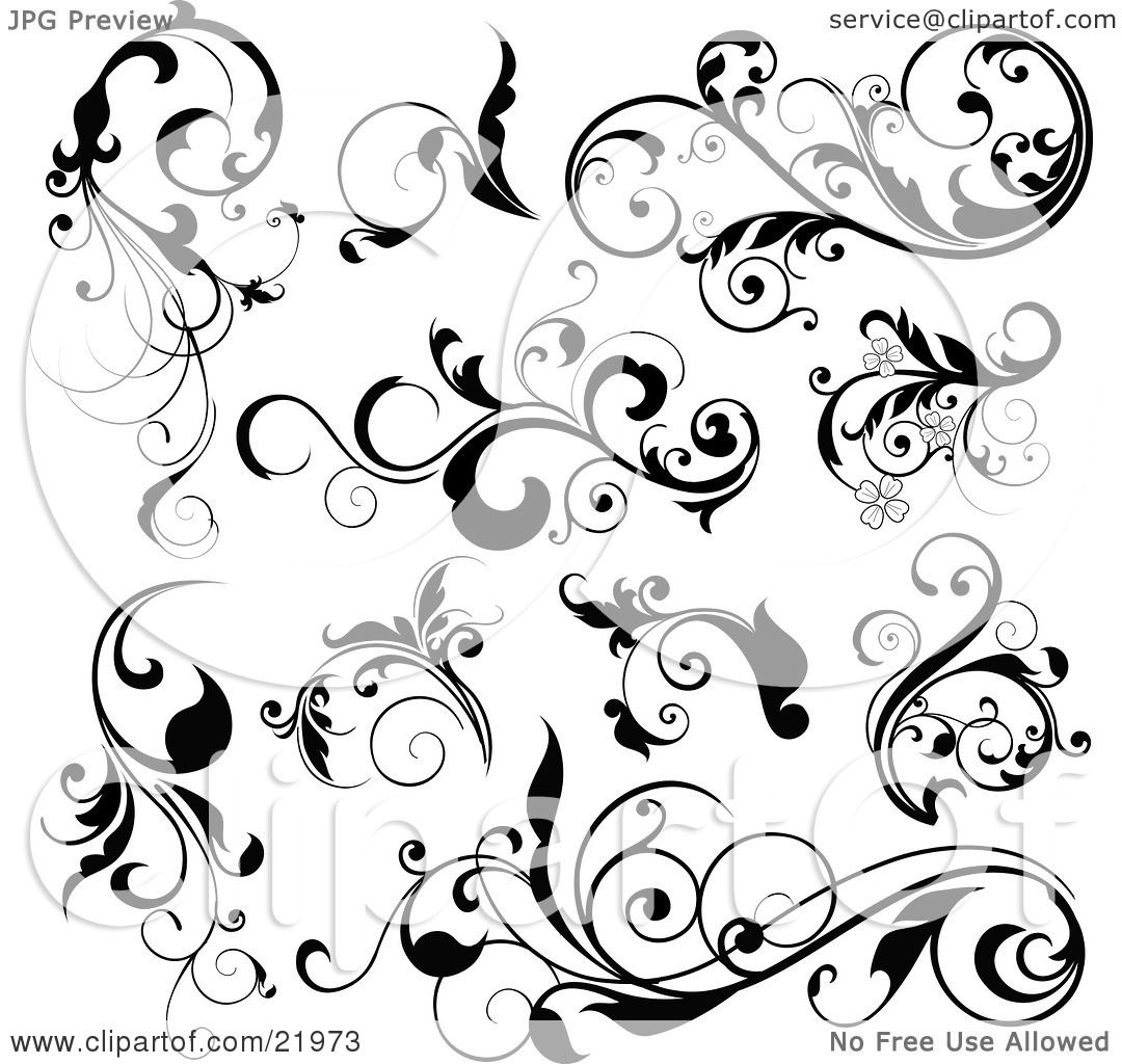Clipart Picture Illustration of a Collection Of Black Leafy Vines And ...