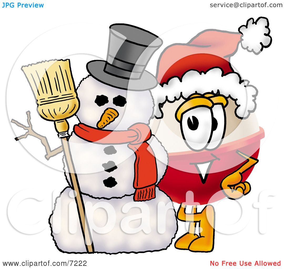 Clipart Picture of a Fishing Bobber Mascot Cartoon Character With a Snowman  on Christmas by Mascot Junction #7222