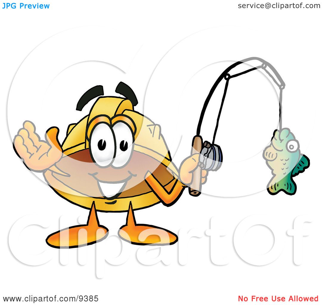 Clipart Picture of a Hard Hat Mascot Cartoon Character Holding a Fish on a Fishing  Pole by Mascot Junction #9385