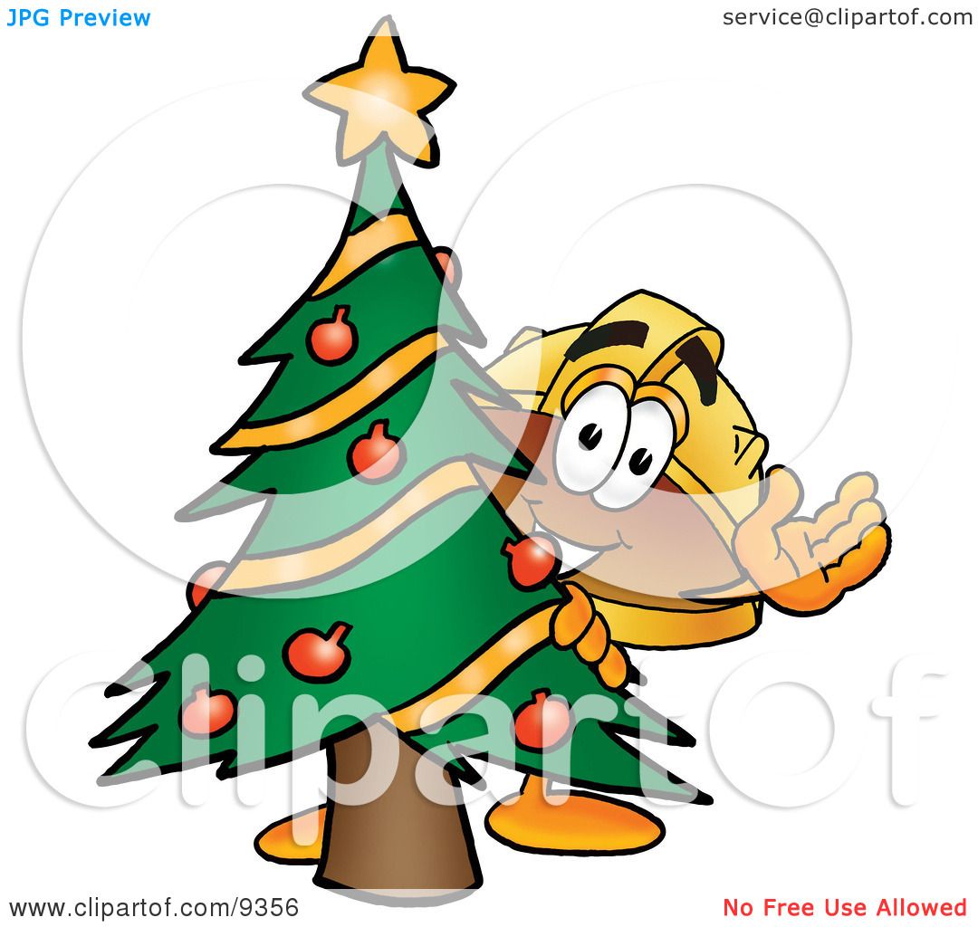 Clipart Picture of a Hard Hat Mascot Cartoon Character Waving and
