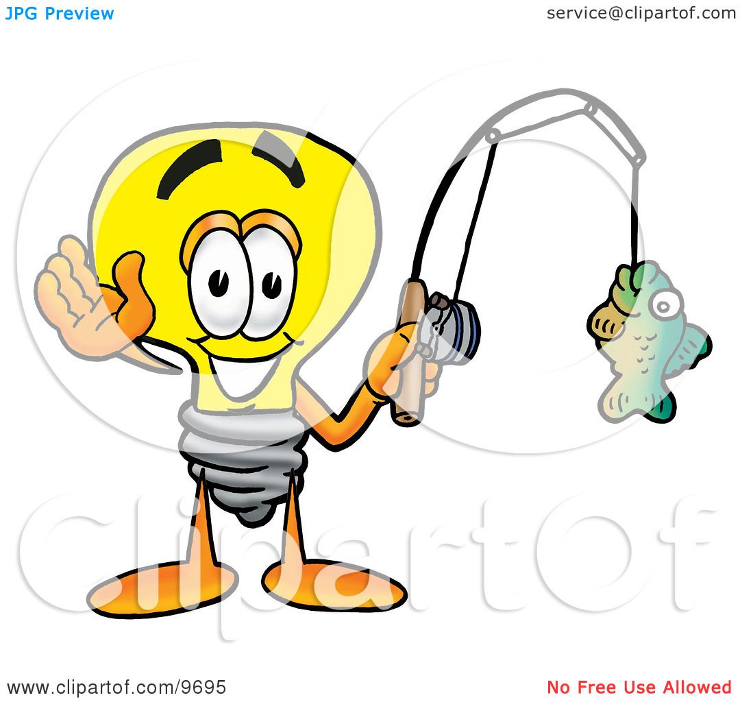 Clipart Picture of a Light Bulb Mascot Cartoon Character Holding a Fish on  a Fishing Pole by Mascot Junction #9695