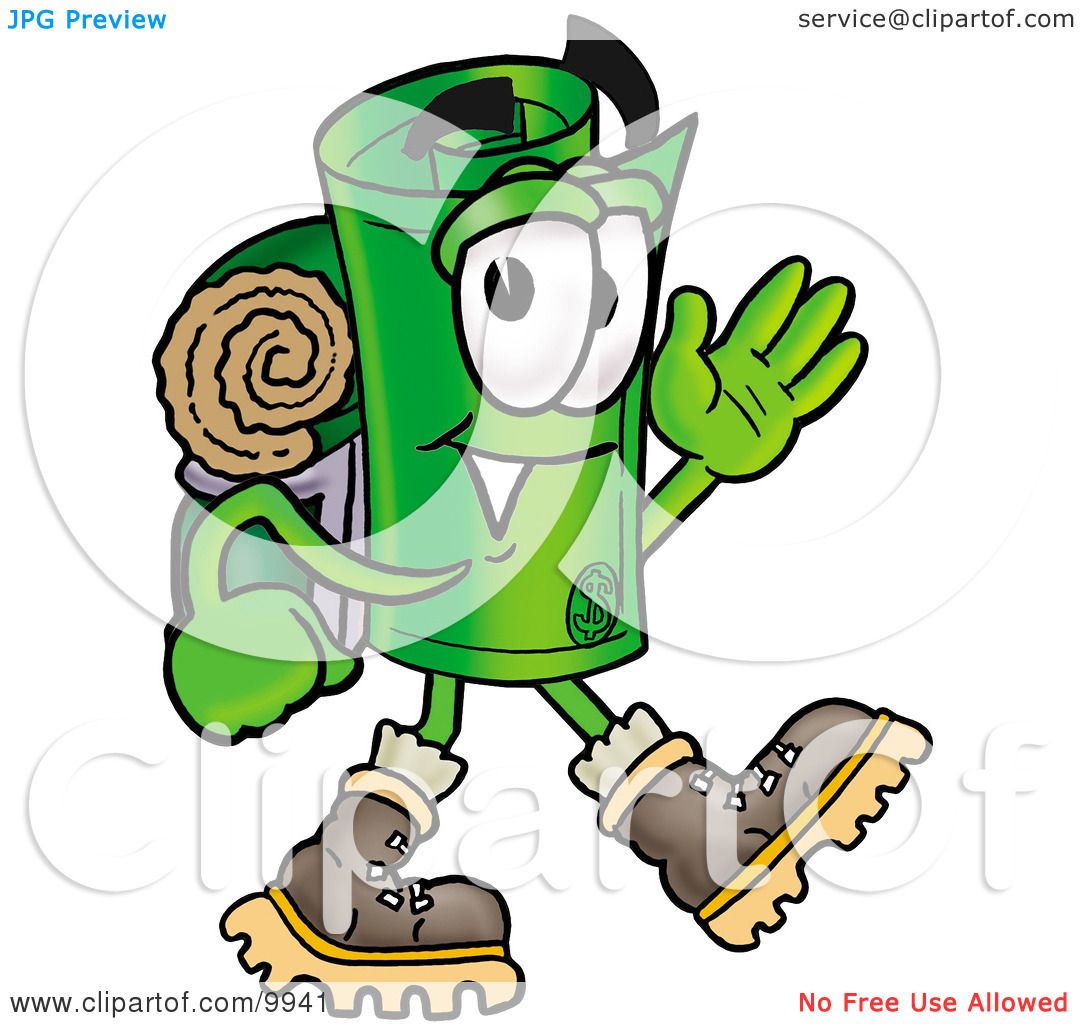 Clipart Picture of a Rolled Money Mascot Cartoon Character Hiking and