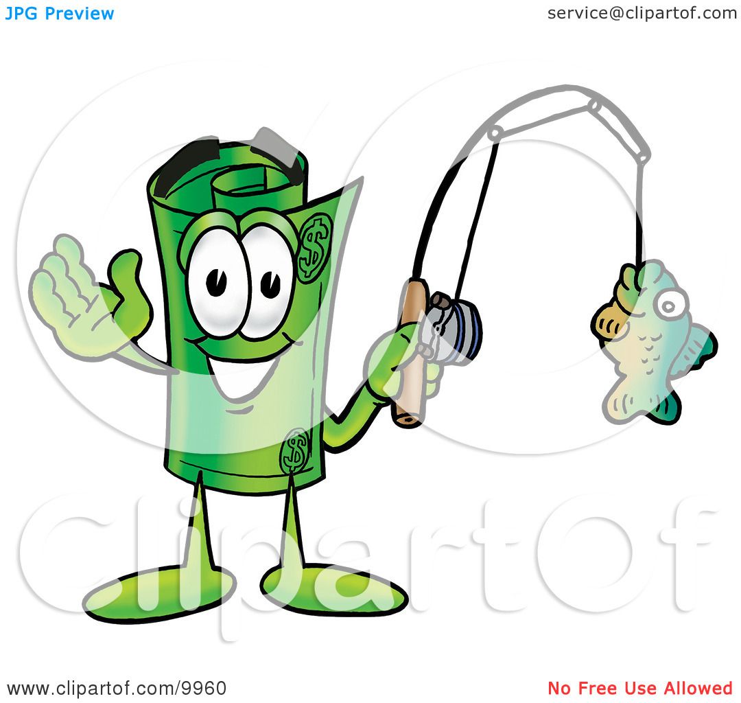 Clipart Picture of a Rolled Money Mascot Cartoon Character Holding a Fish  on a Fishing Pole by Mascot Junction #9960