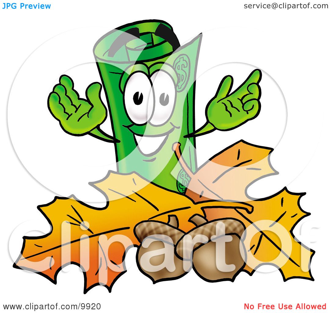 Clipart Picture of a Rolled Money Mascot Cartoon Character With Autumn