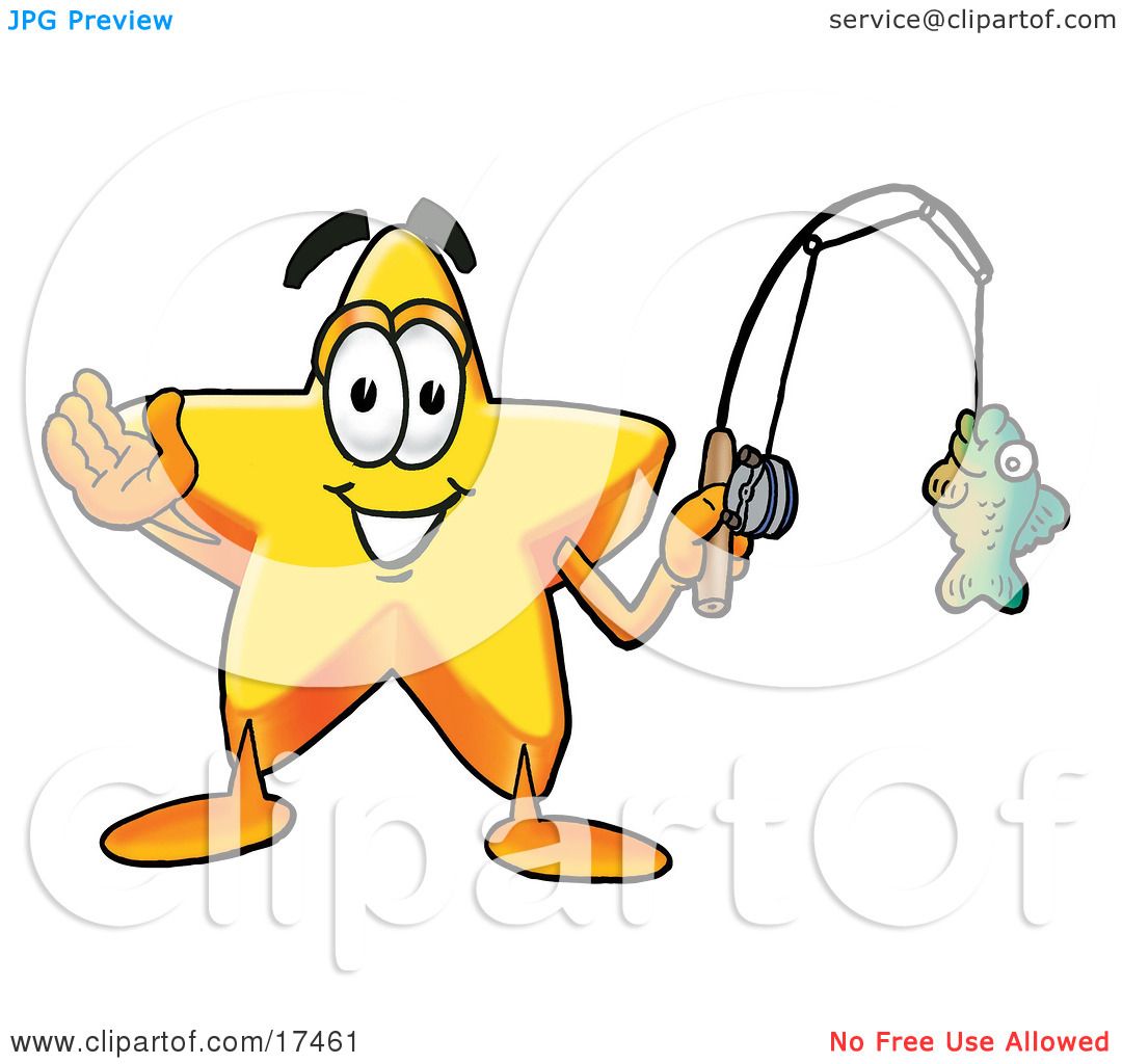 Clipart Picture of a Star Mascot Cartoon Character Holding a Fish on a Fishing  Pole by Mascot Junction #17461