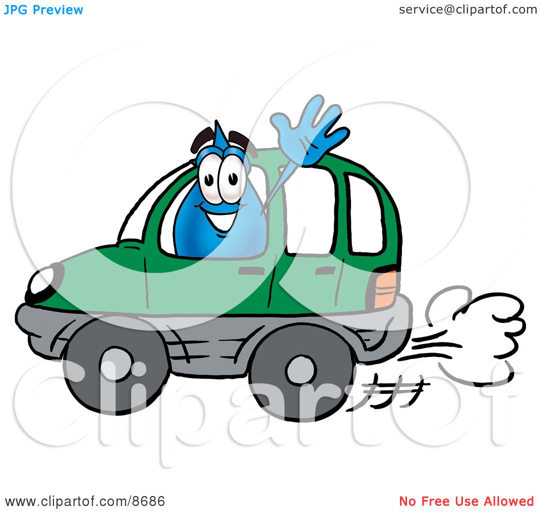 Clipart Picture of a Water Drop Mascot Cartoon Character Driving a Green Car  and Waving by Toons4Biz #8686
