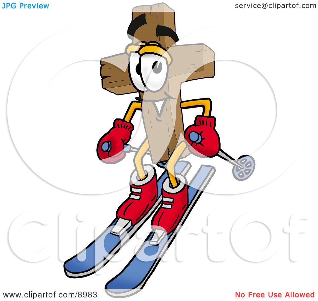 Clipart Picture of a Wooden Cross Mascot Cartoon Character Skiing ...