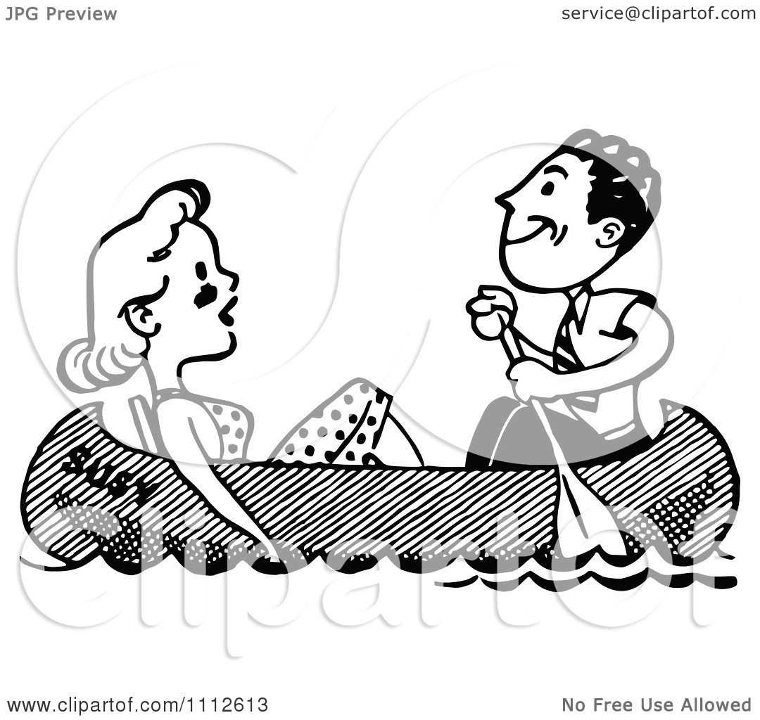 Clipart Retro Black And White Couple In A Boat Royalty Free Vector