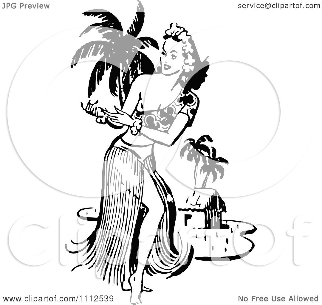 Clipart Retro Black And White Hawaiian Hula Dancer Near A ...