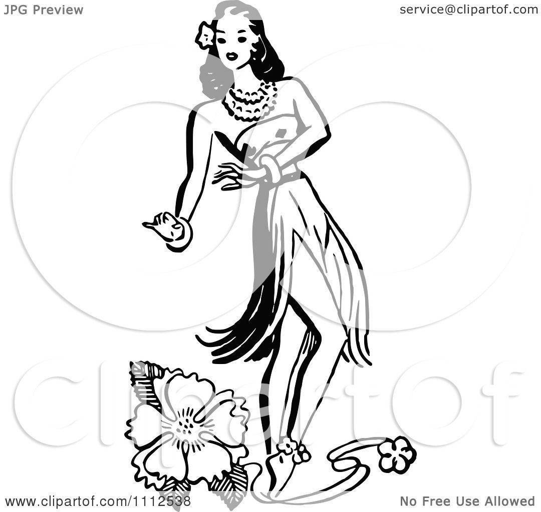 Clipart Retro Black And White Hawaiian Hula Girl Dancer And A Hibiscus ...