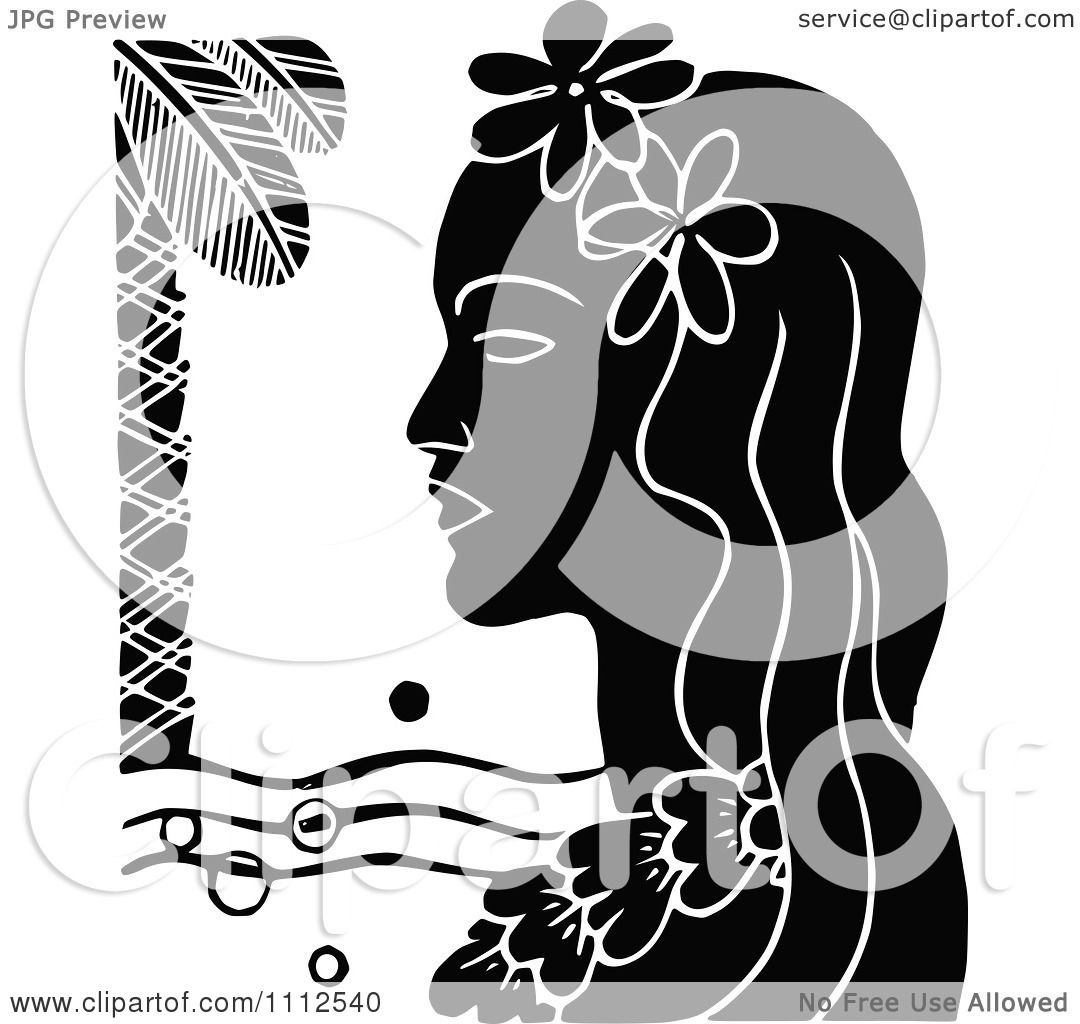 Clipart Retro Black And White Hawaiian Woman With A Floral Lei And Palm ...