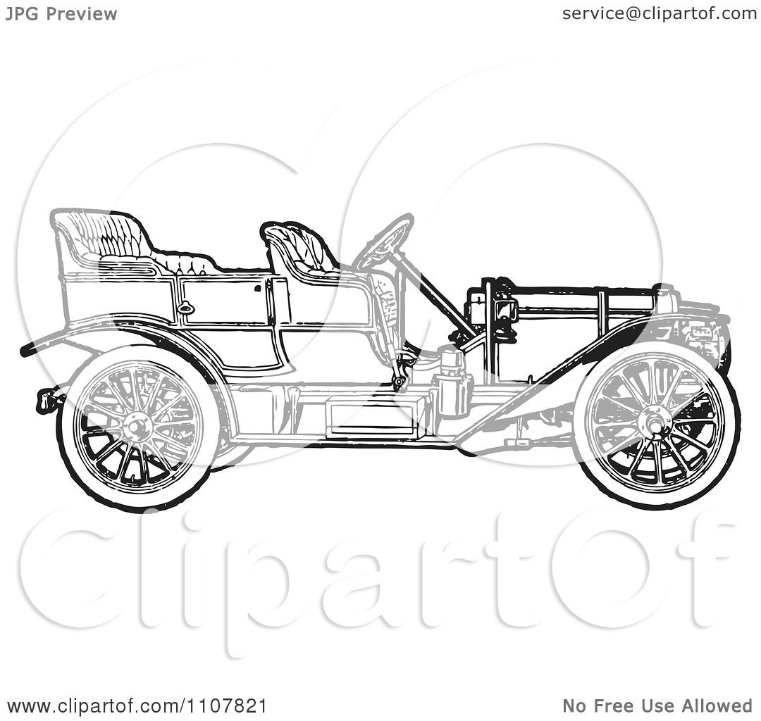 Clipart Retro Black And White Vintage Convertible Car 1 - Royalty Free