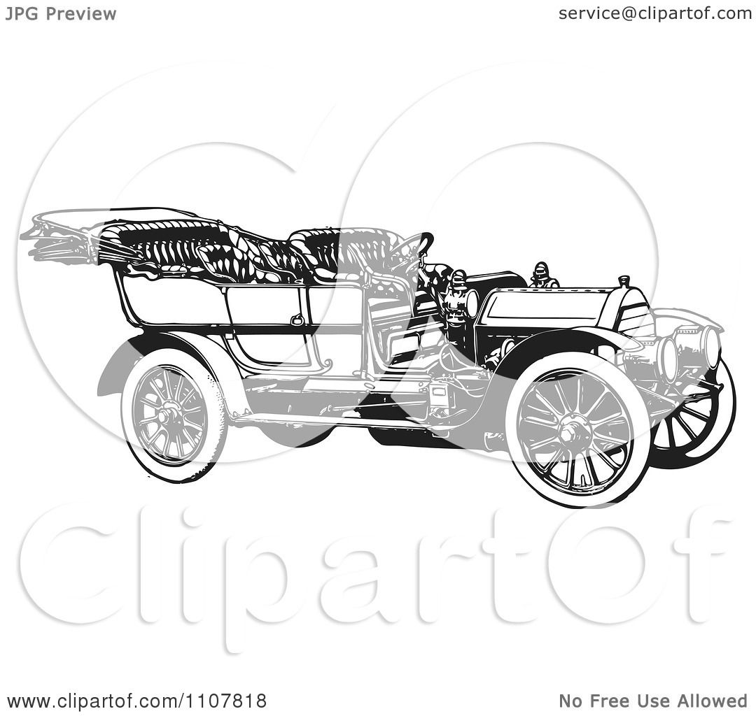 Clipart Retro Black And White Vintage Convertible Car 2 - Royalty Free