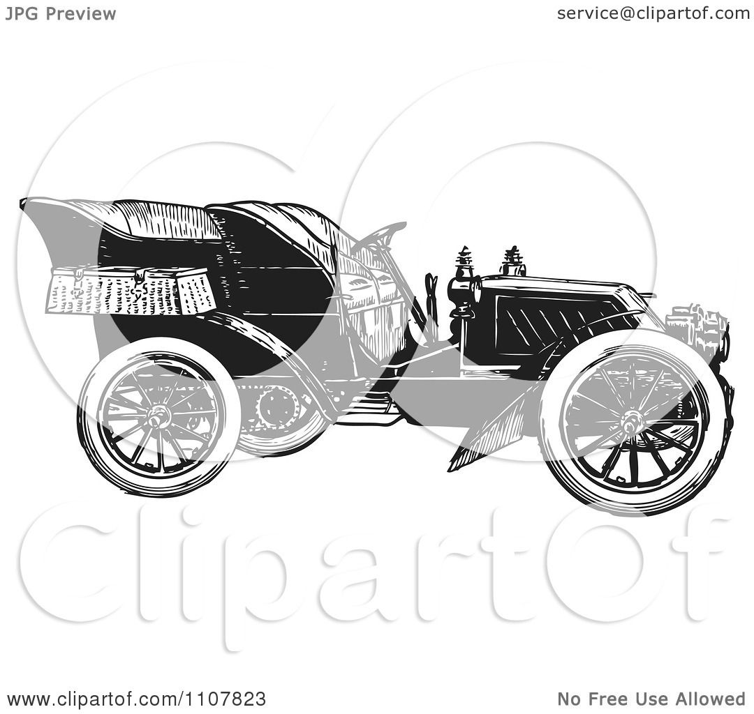 Clipart Retro Black And White Vintage Convertible Car 4 - Royalty Free