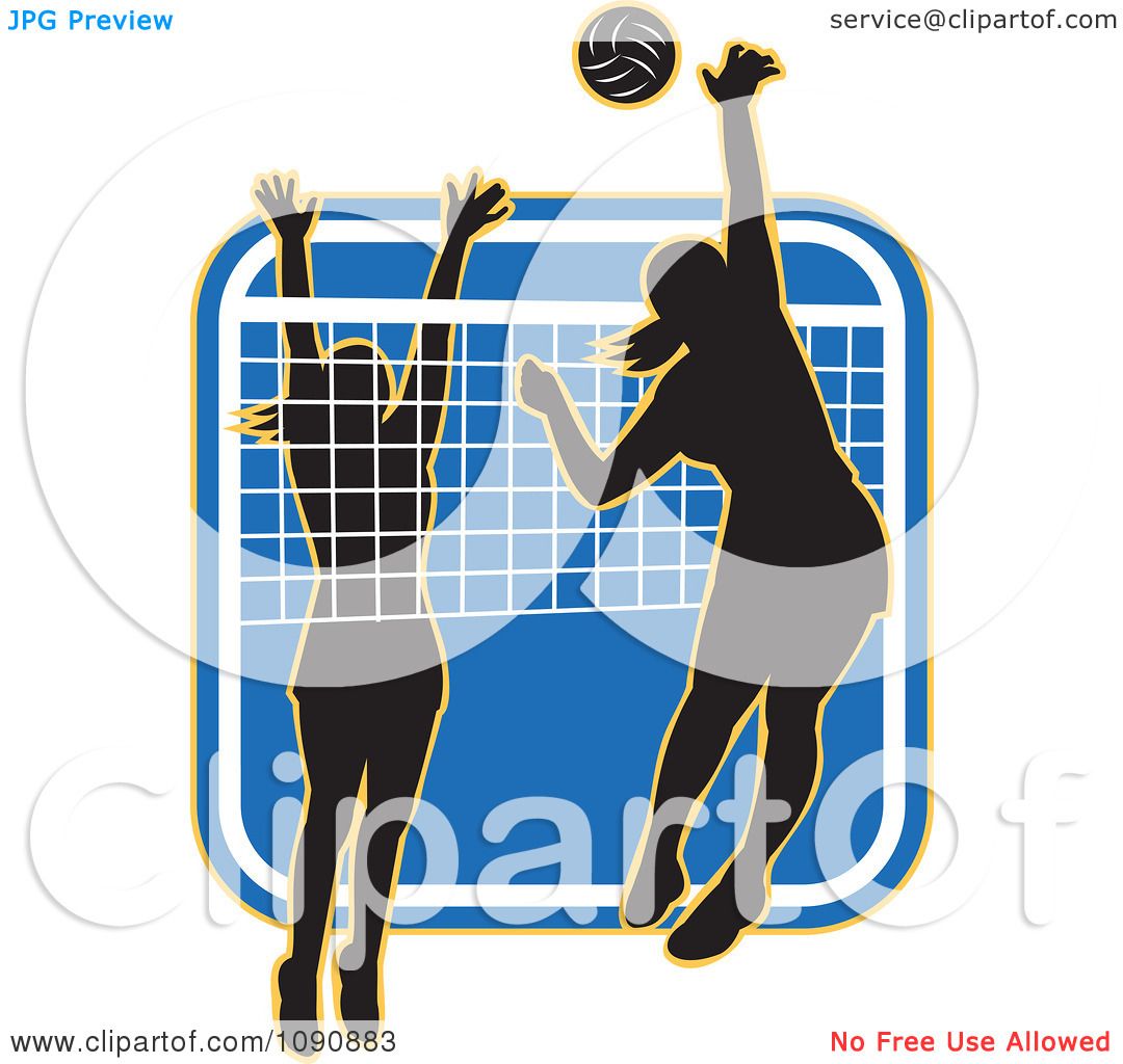 Clipart Silhouetted Female Volleyball Players And A Net Over A Blue ...
