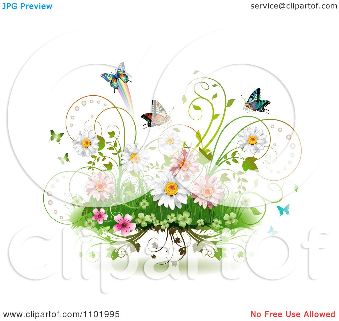 Free Vectors: Spring Green Floral Background with Butterfly