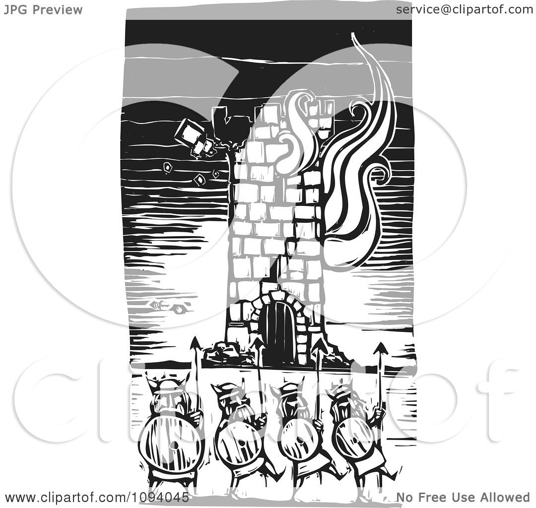 Clipart Vikings And A Burning Tower Black And White Woodcut - Royalty ...