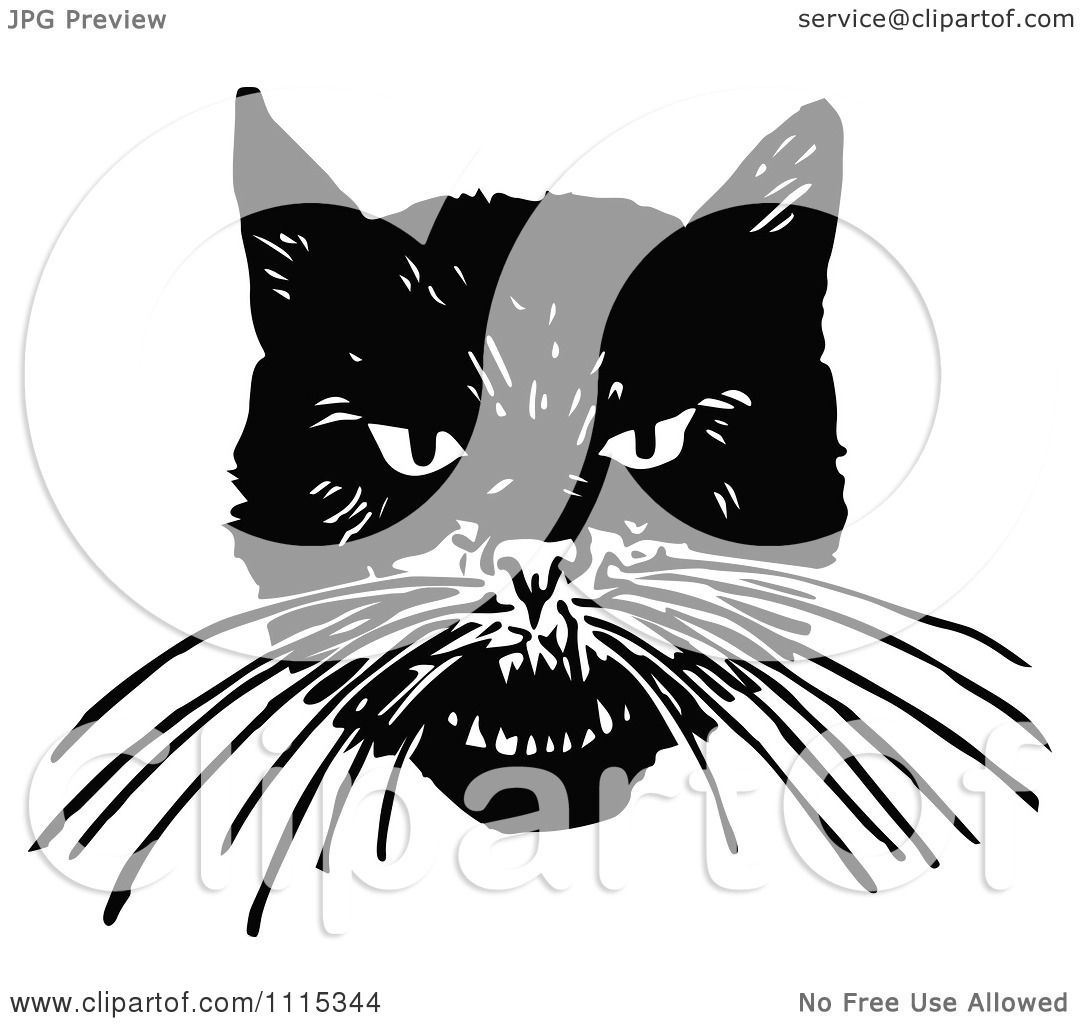 Clipart Vintage Black And White Angry Cat Face Royalty