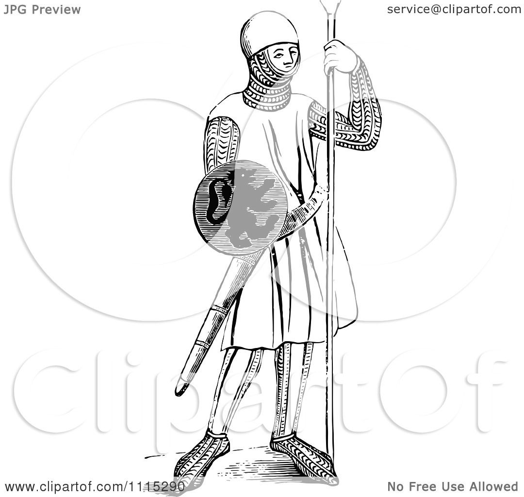 Clipart Vintage Black And White Medieval Soldier - Royalty Free Vector ...