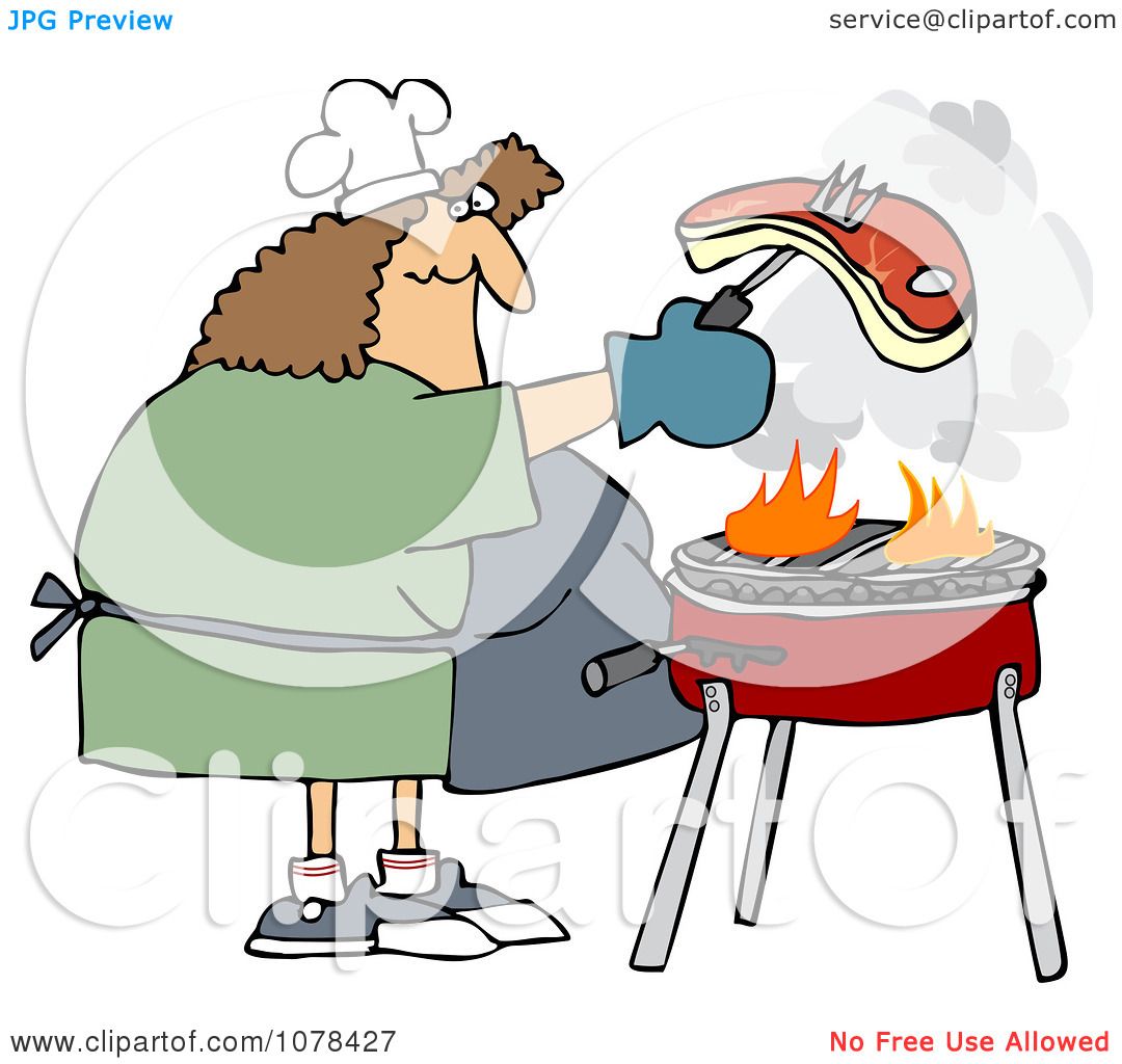 Clipart Woman Grilling Steak On A BBQ - Royalty Free 