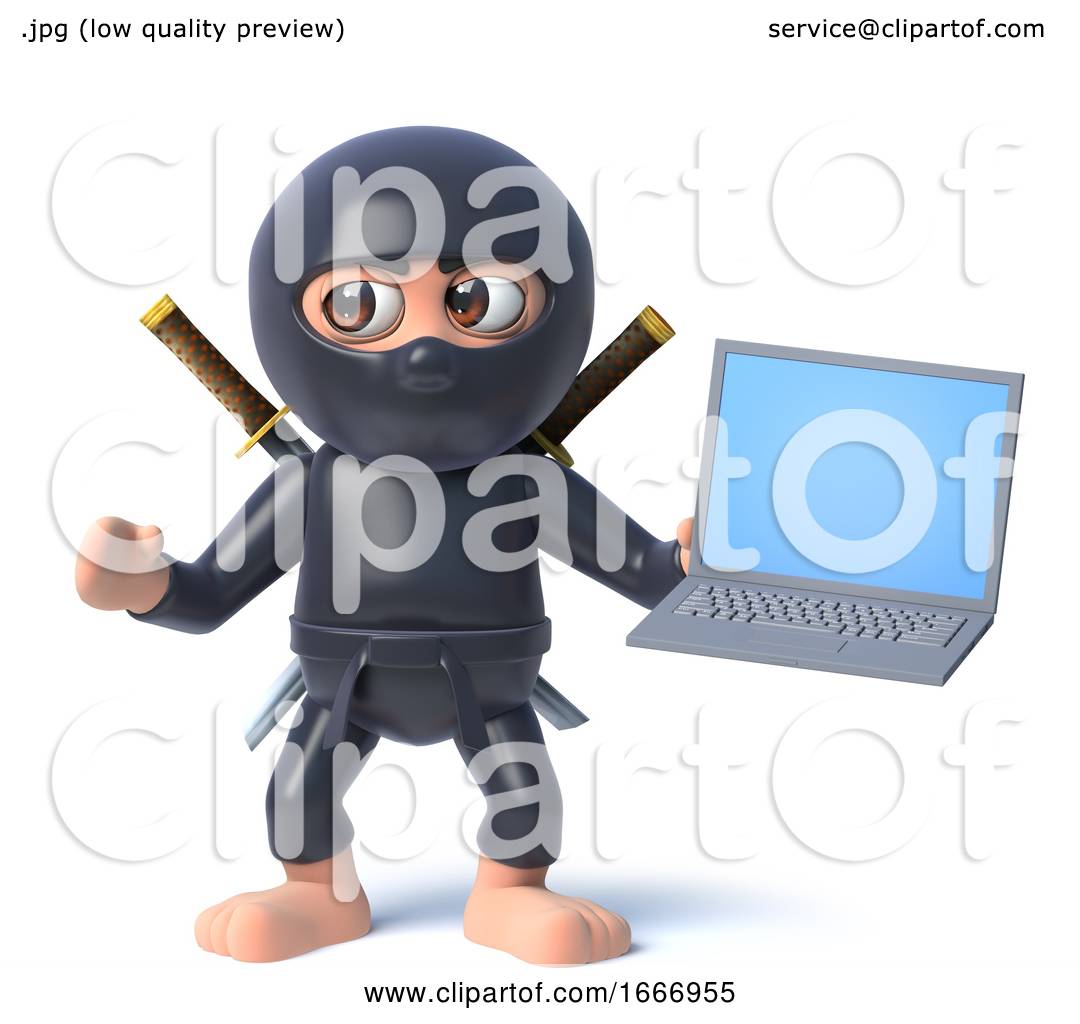 Download Funny Cartoon 3d Ninja Assassin Character Holding a Laptop ...