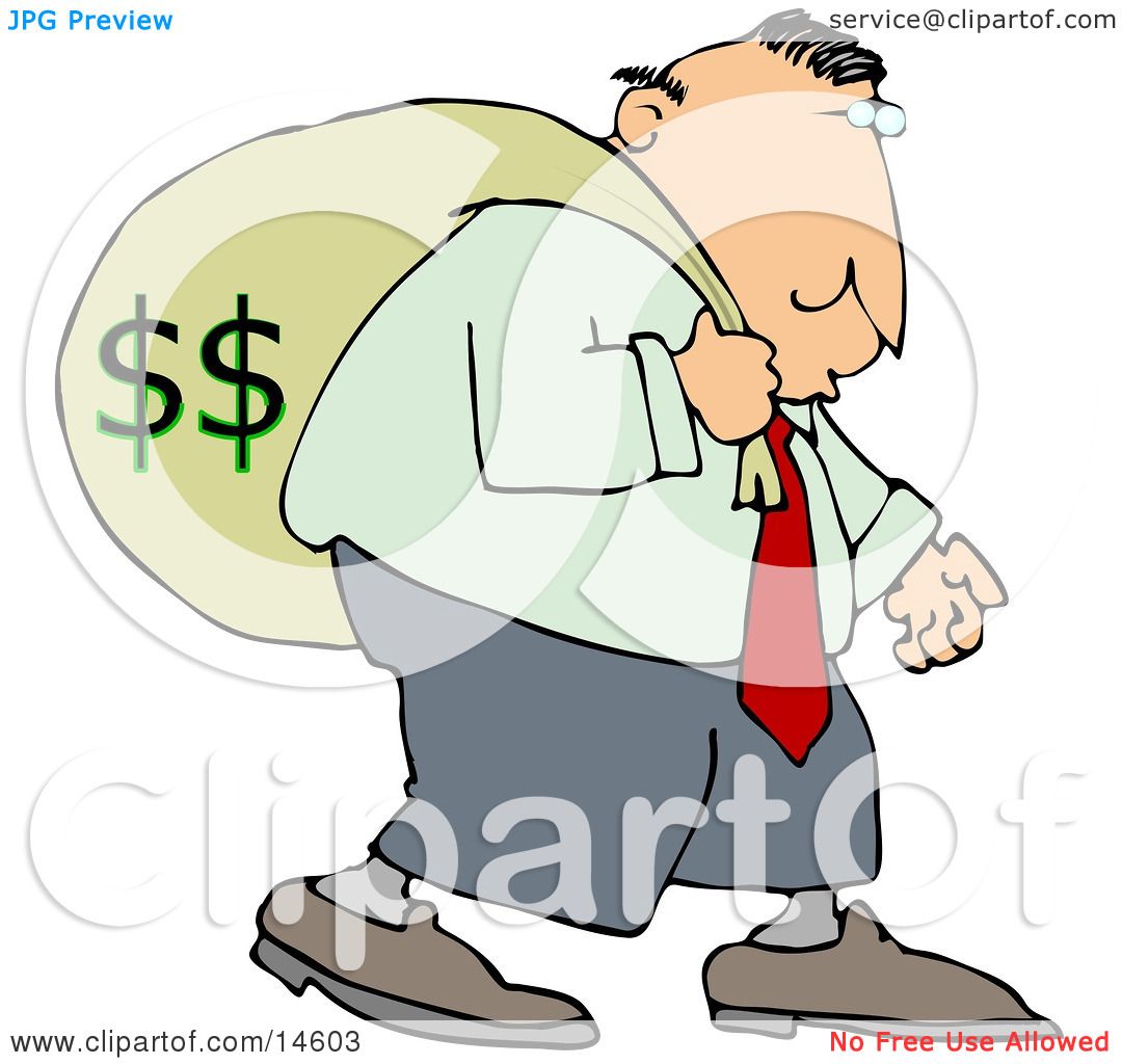 Greedy Businessman Carrying A Heavy Sack Of Money On His Back Clipart ...