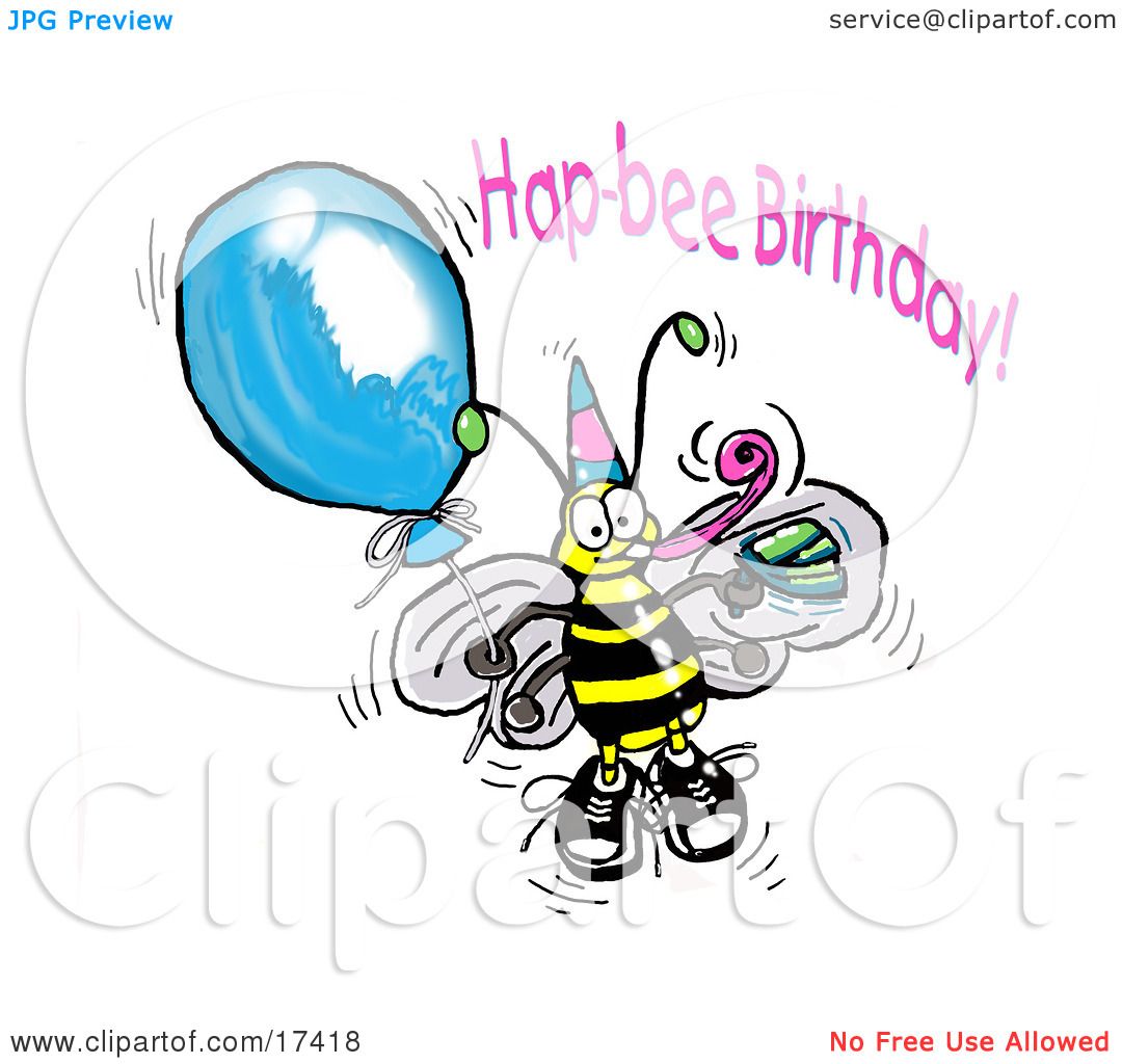 Happy Honey Bee Wearing A Party Hat And Holding Onto A Blue Balloon At