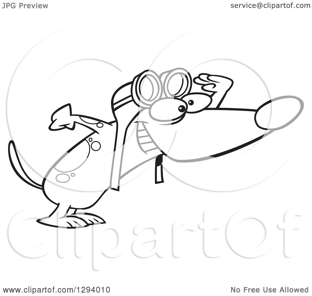 Lineart Clipart of a Black and White Cartoon Excited Pilot Dog Wearing ...