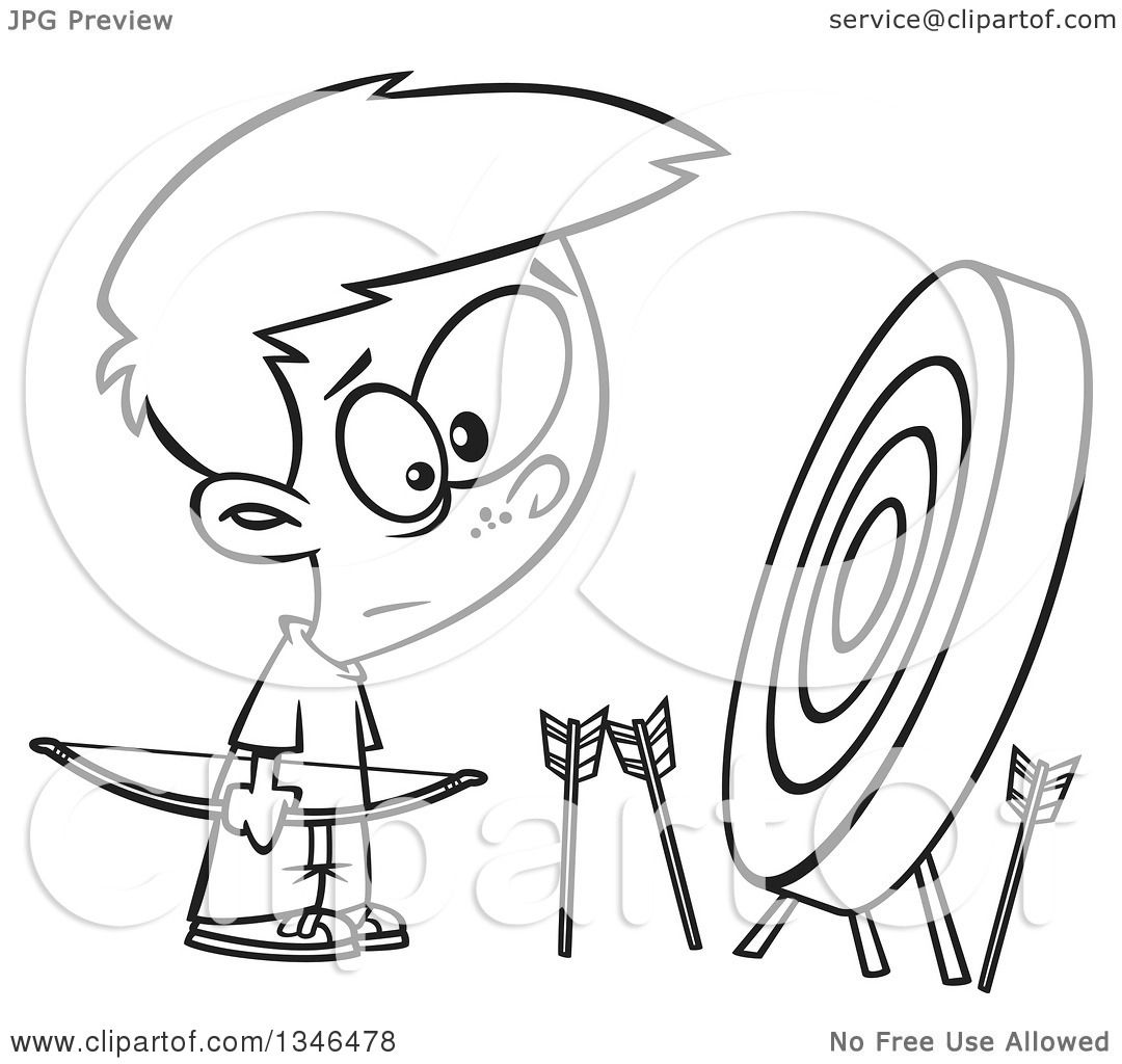 Download Lineart Clipart of a Cartoon Black and White Archery Boy with Many Missed Arrows Around a Target ...