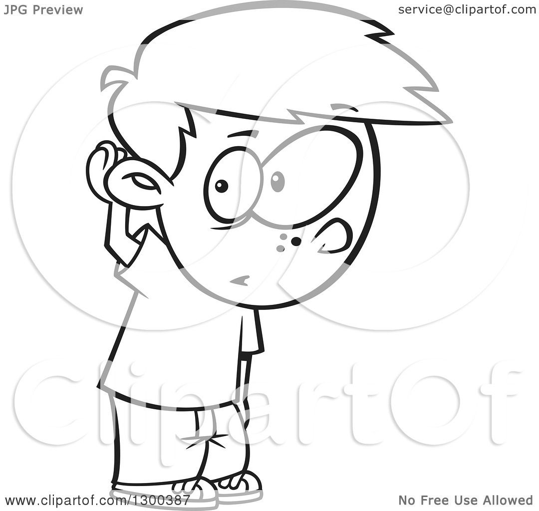 Lineart Clipart of a Cartoon Black and White Boy Covering His Ear and