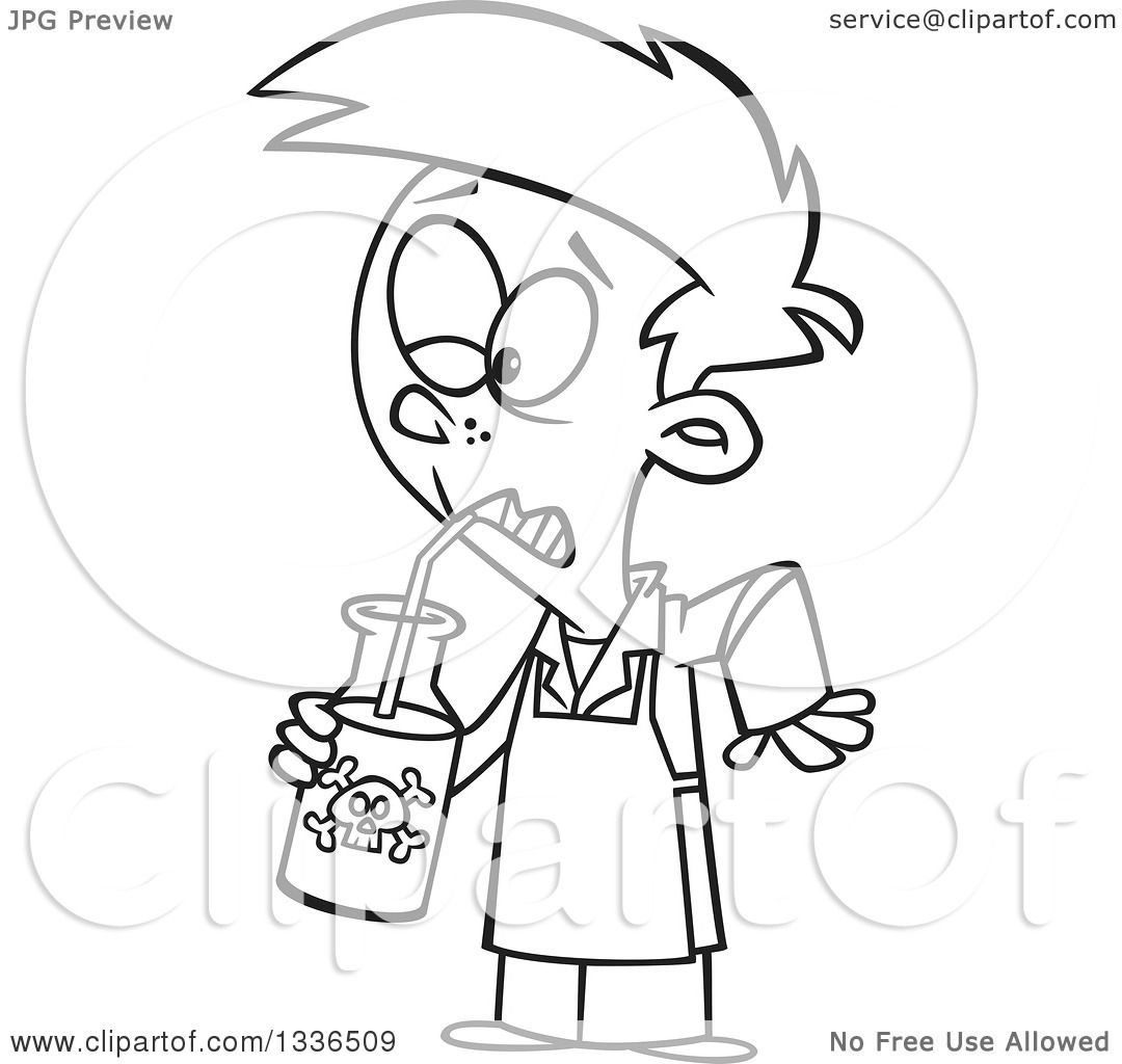 Lineart Clipart of a Cartoon Black and White Boy Drinking ...