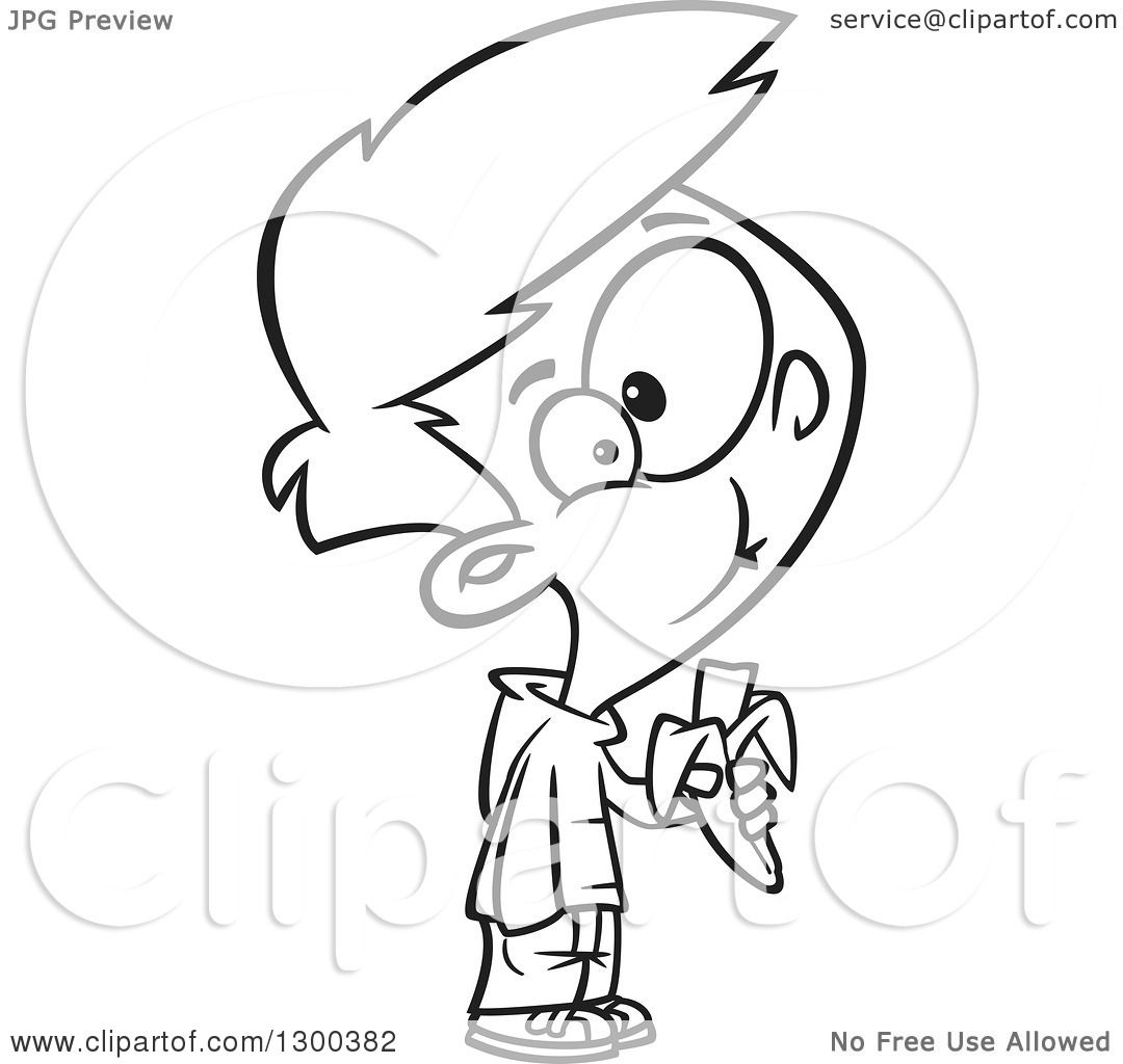 Lineart Clipart of a Cartoon Black and White Boy Eating a Banana