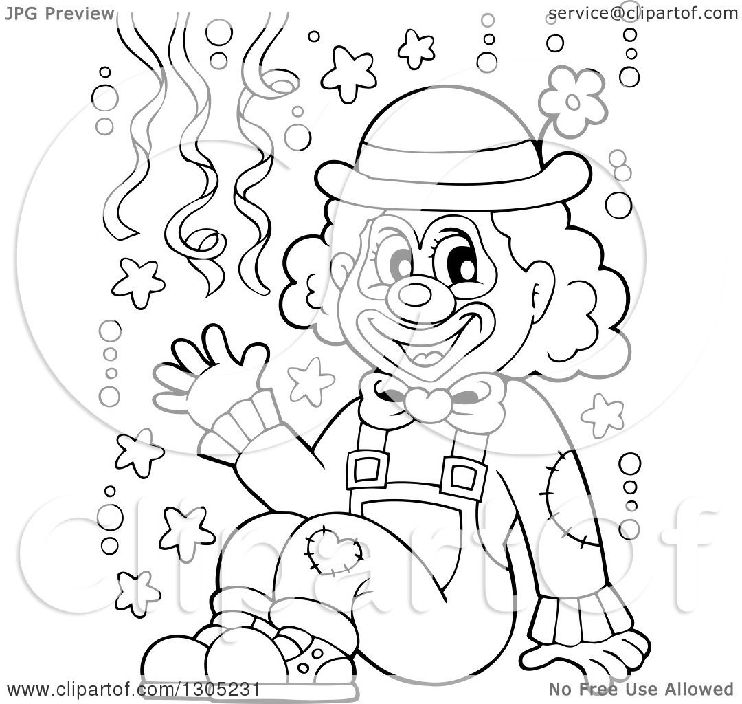 Lineart Clipart of a Cartoon Black and White Friendly Clown Sitting and ...