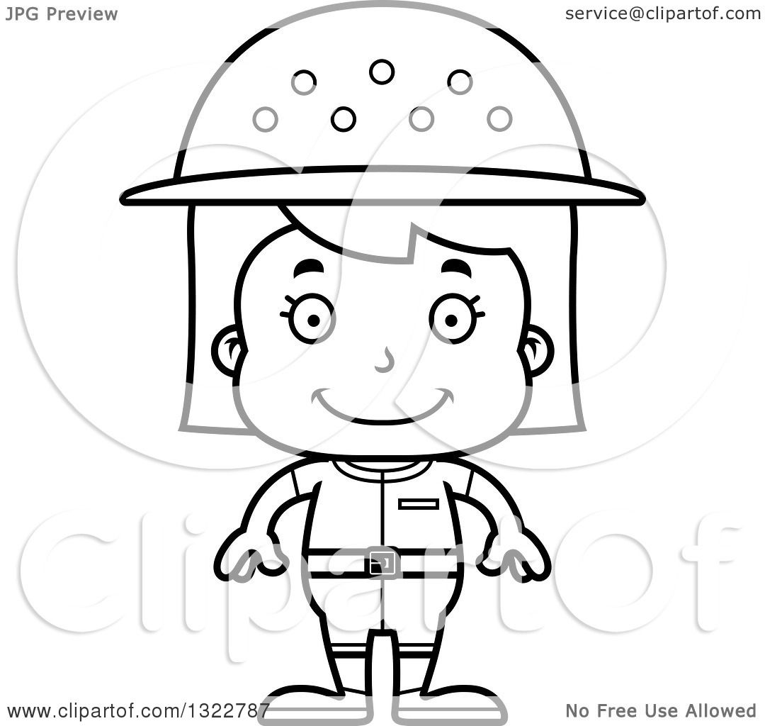 Lineart Clipart of a Cartoon Black and White Happy Girl Zookeeper ... Girl Cartoon Zoo Keeper