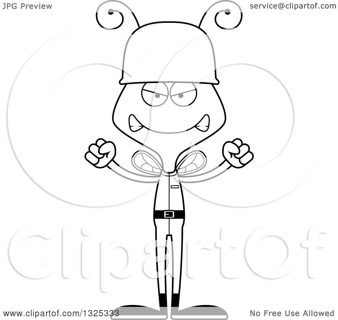 Lineart Clipart of a Cartoon Black and White Mad Bee Soldier - Royalty