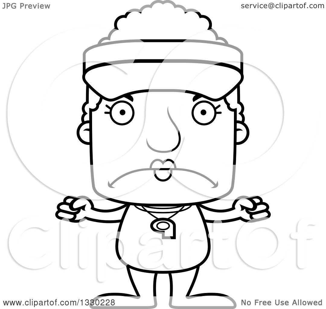 Lineart Clipart of a Cartoon Black and White Mad Block Headed White