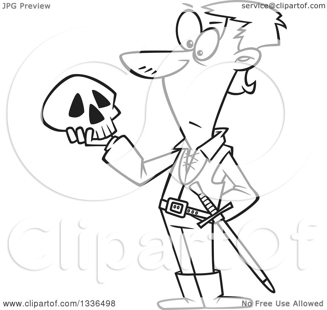 Lineart Clipart of a Cartoon Black and White Man, Hamlet, Holding a