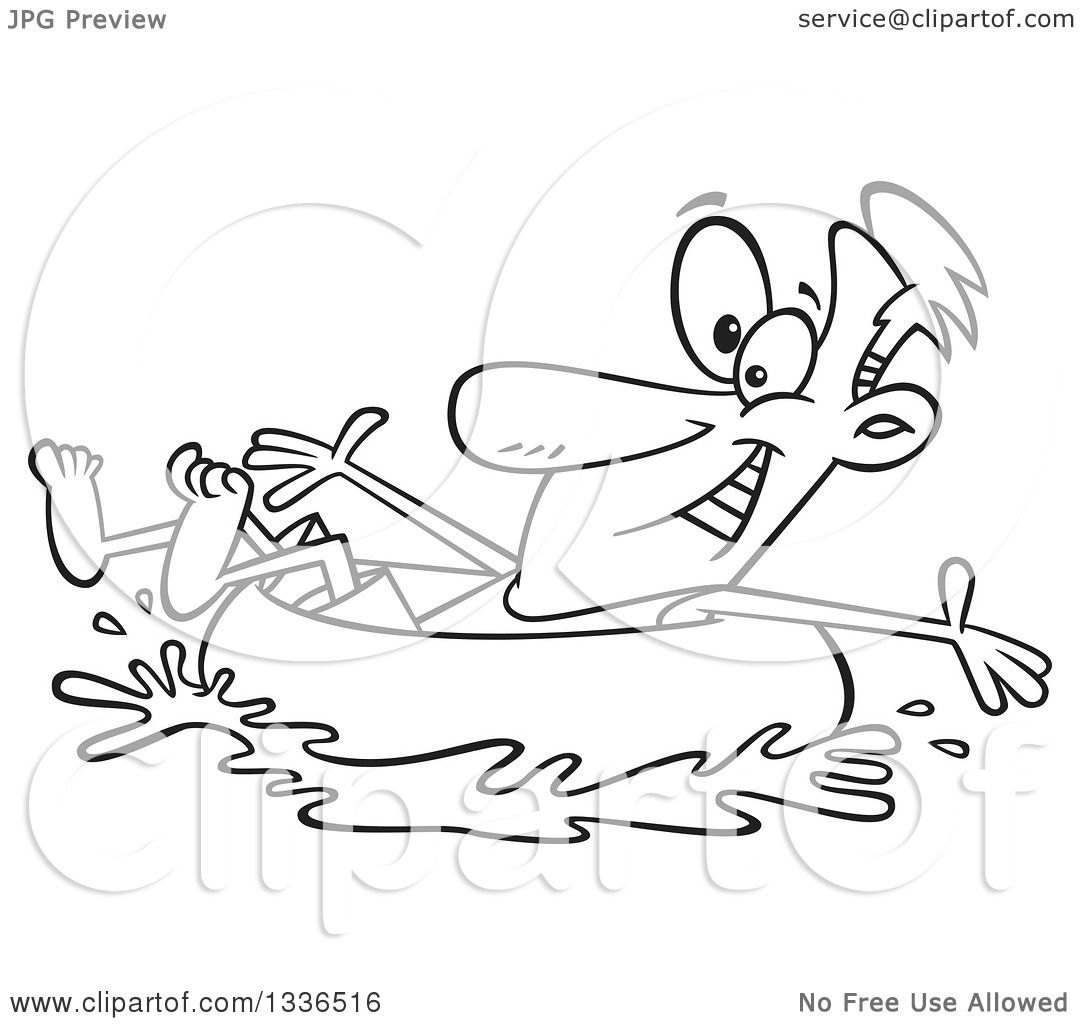 Lineart Clipart of a Cartoon Black and White Man Swimming and Inner Tubing  - Royalty Free Outline Vector Illustration by toonaday #1336516