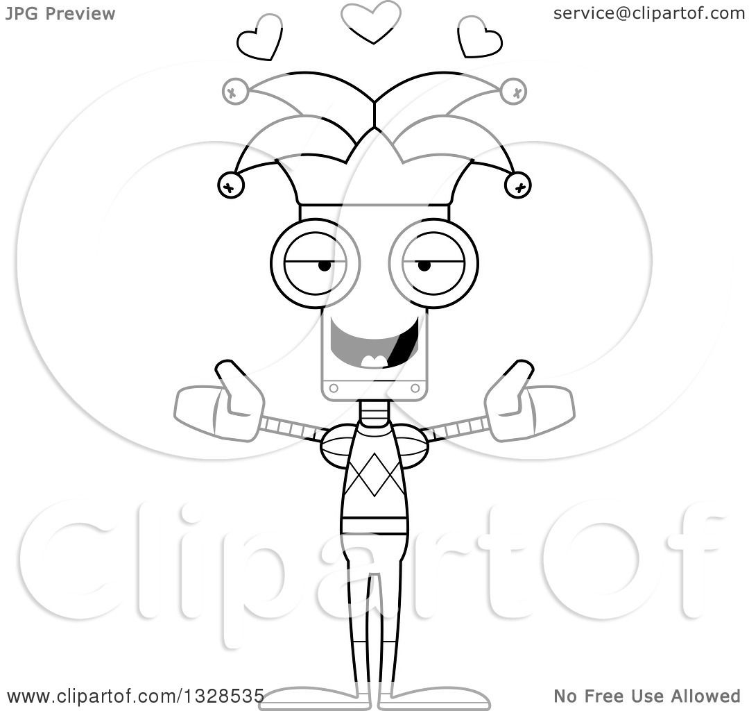 Lineart Clipart of a Cartoon Black and White Skinny Jester Robot with ...
