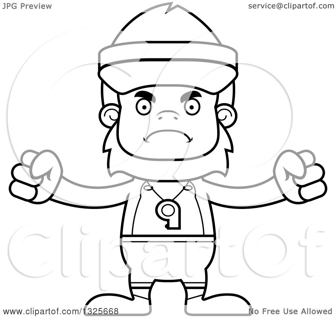 Lineart Clipart of a Cartoon Blcak and White Mad Bigfoot Lifeguard