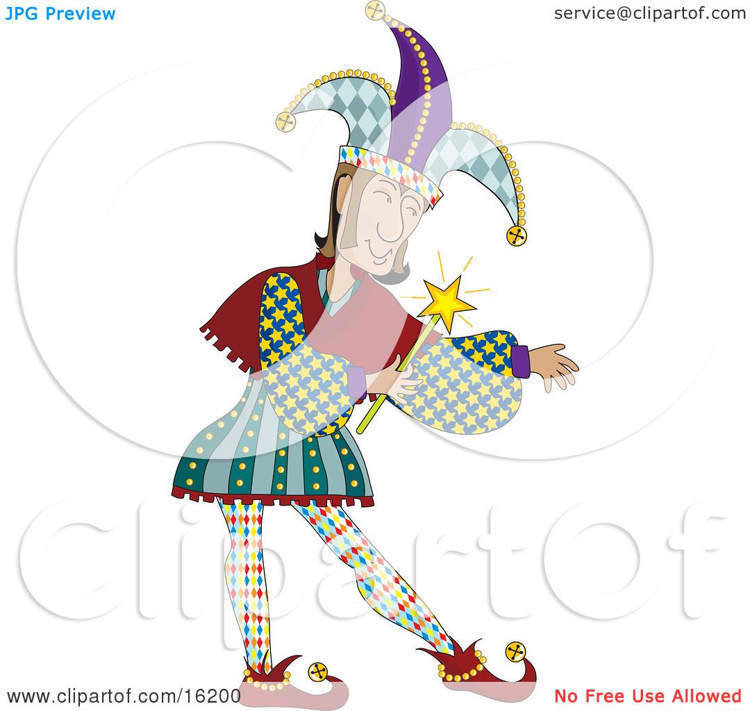 Male Jester In Colorful Costume, Holding A Magic Wand Clipart ...